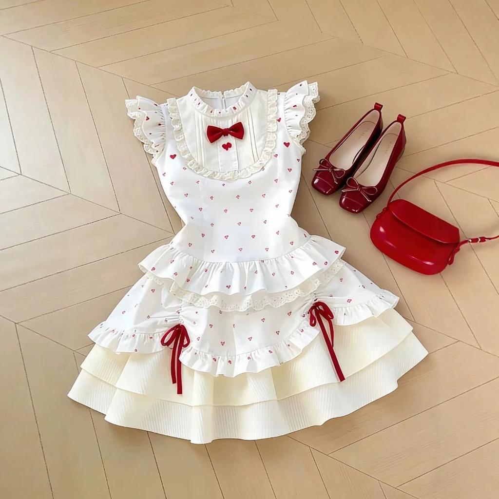 Girls Summer Polka Dot Bow Princess Dress Medium Large Kids Lace Trim Round Neck Stylish Sundress