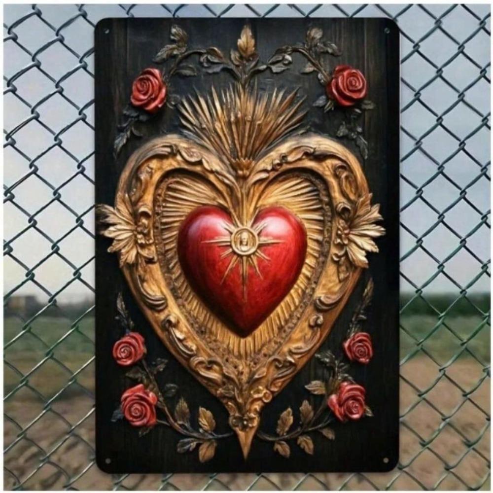 Poster in Metallo Sacro Cuore di Gesù con Rose Vintage 8x12 Pollici per Decorazione Murale Domestica