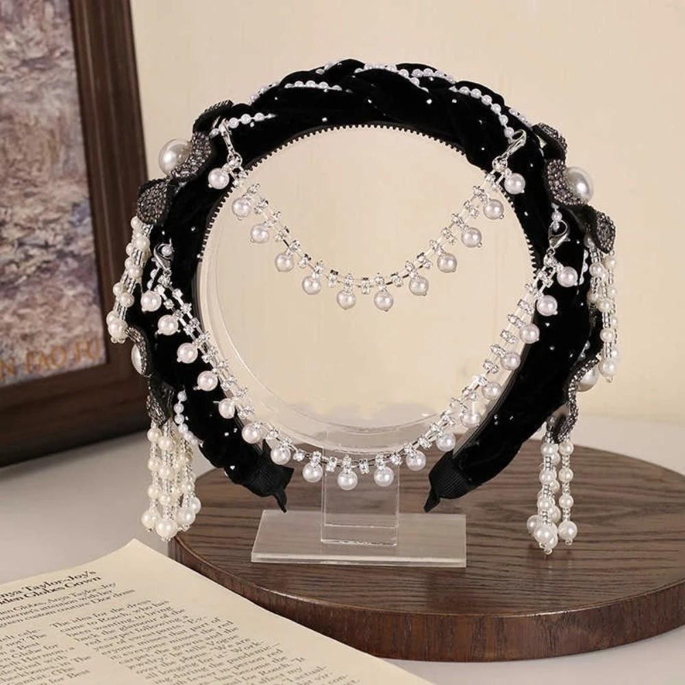 New Detachable Pearl Tassel Headband Ethnic Style Pearl Headband Bridal Headdress Wide-format Flower Headband