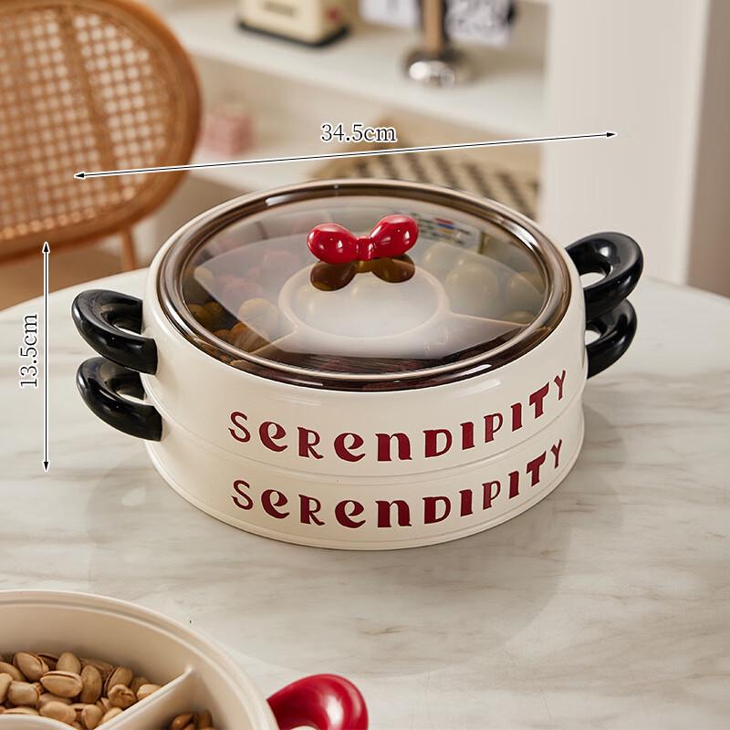 Renhong Two-Tier Bowknot Divided Snack Fruit Plate with Lid