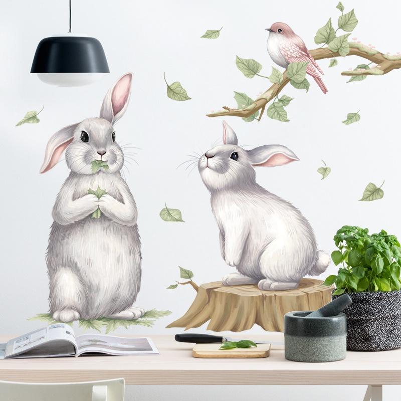 Cute Rabbit Birds Wall Sticker Green Leaves Decorative Wallpaper Self Adhesive Living Room Wall Murals TV Background Home Decor