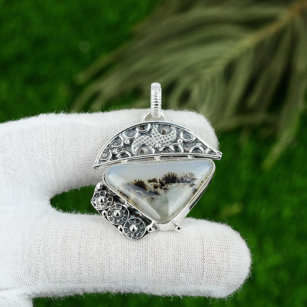 Gift For Her 925 Sterling Silver Natural Dendrite Tiger Gemstone Jewelry Pendant