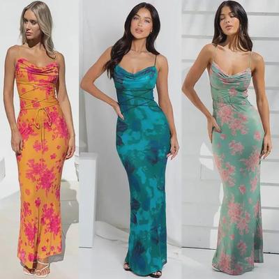 2024 Spring/Summer Women's Backless Lace-Up Slimming Printed Dress