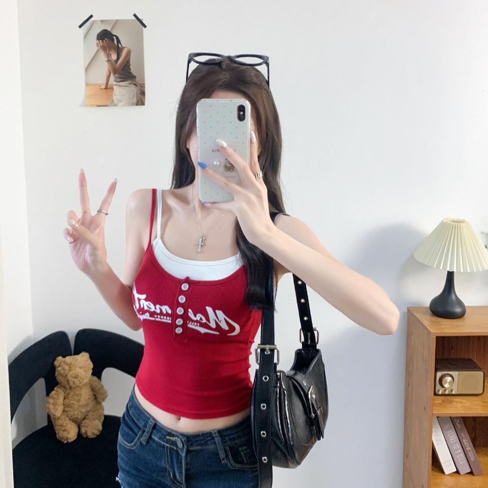 #Summer New Sexy Style Letter Printing Splicing Button Sling Vest Slim Fixed Belt Chest Pad