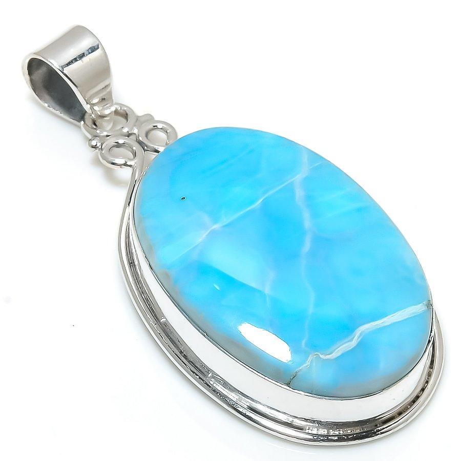 Natural Republic Larimar Gemstone 925 Solid Sterling Silver Gift Pendant 2" Q3l02