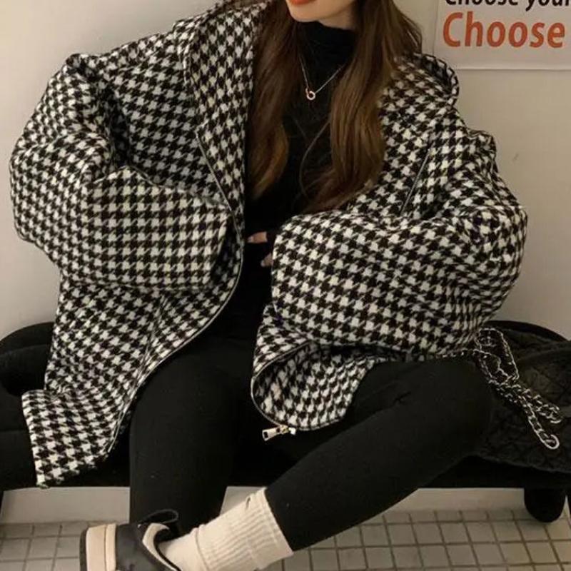 Dámska retro vlnená bunda s kohúťou stopou, top s kapucňou, voľný strih, trendy
