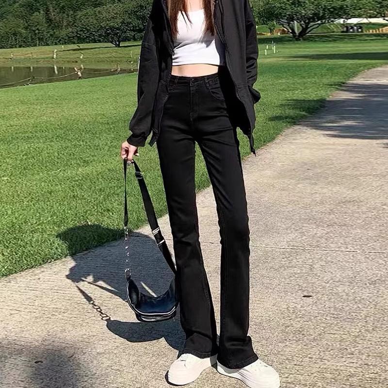 Women's High-Waisted Black Micro-Flared Jeans, 2025 Spring & Autumn Slim-Fit Petite Horseshoe Pants