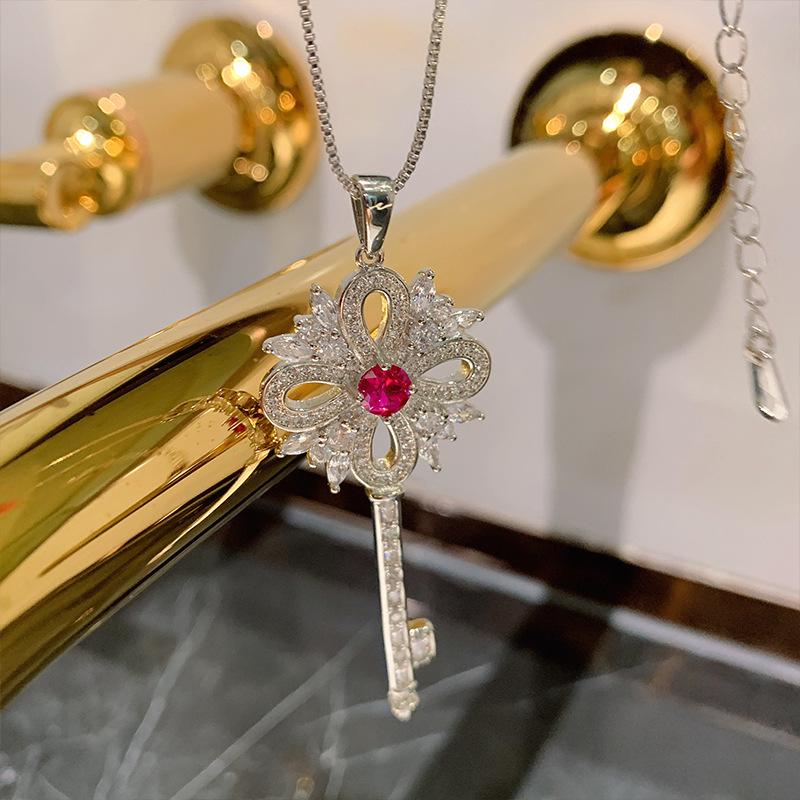 Copper-Plated Real Gold Necklace Simulation Ruby Necklace Emerald Key-Shaped Pendant Exquisite Diamond-Set Necklace Women