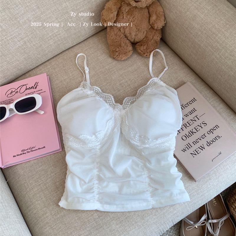 

Women s Lace Trim Camisole with Chest Pad - Sexy Summer Top One Size (Fits 80-120 lbs) білий