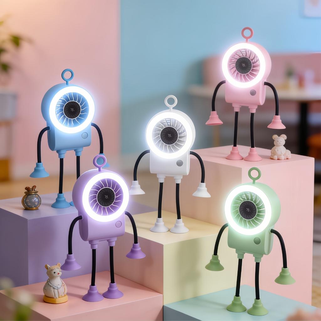 2026 Summer New Cute Cartoon Robot Handheld Fan, LED Light Smart Digital Display Desktop Fan