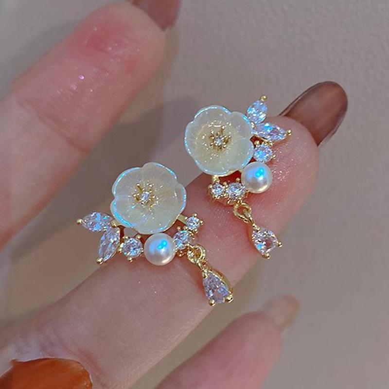 

Gold-Tone Camellia Zirconia Teardrop Stud Earrings