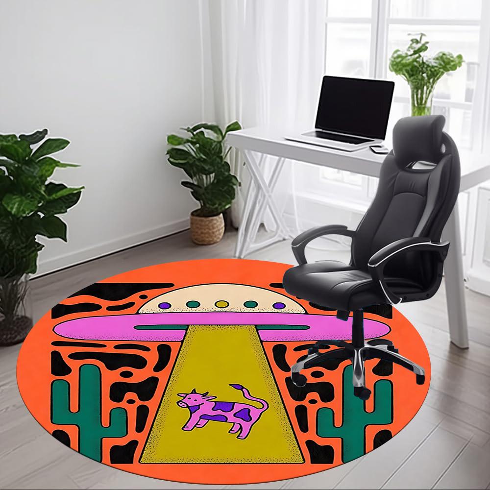 1pc UFO Cow Office Round Area Rug, Indoor Mat Suitable For Office, Under Office Chairs Bedroom Living Room Home Decor, Room Deco