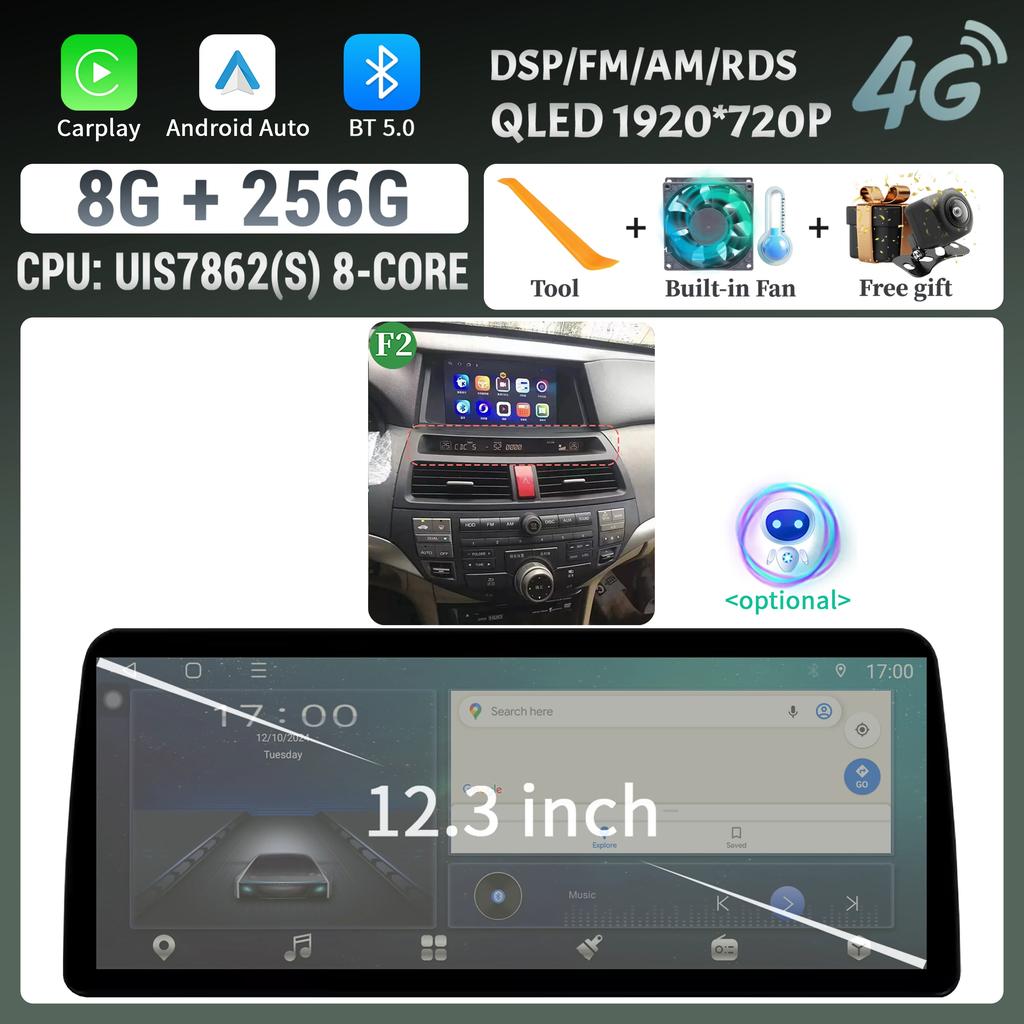 12.3inch For Honda Accord 8 2009-2013 Car Radio Multimedia Navigation Wireless Bluetooth CarPlay 4G GPS Screen Head Unit Stereo