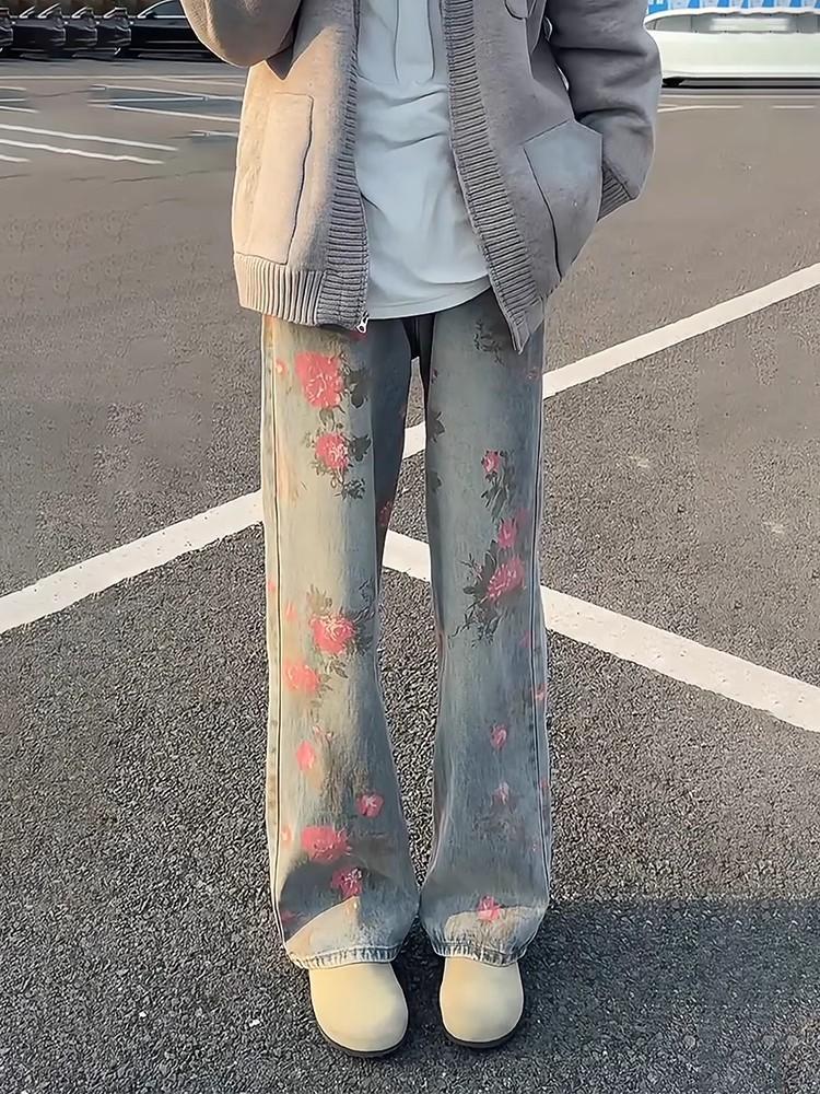 

Джинсы JYL Мужские с принтом роз Весна Осень Хай-стрит Свободные Широкие Джинсовые Брюки S янтарь