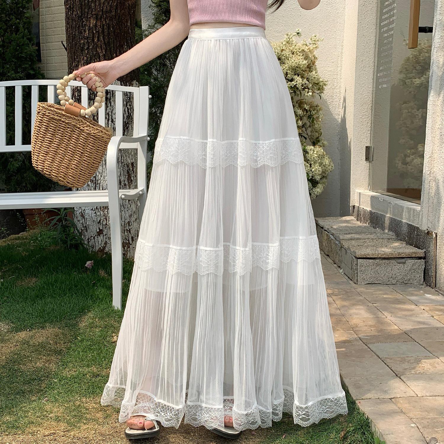 

Women s Mesh Lace Layered Midi Skirt - High Waist, Slimming A-line, Pleated Flowing Hem One Size (Weight 80-140 kg)