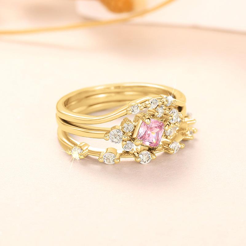Princess Ring Three-piece Set, Pink Zircon Sweet Ring Girl, Niche Daily Model.