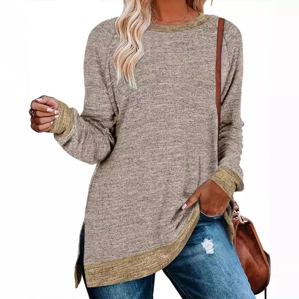 European American Women's Color Block Split Long Sleeve Crew Neck Loose Casual Pullover T-shirt Top