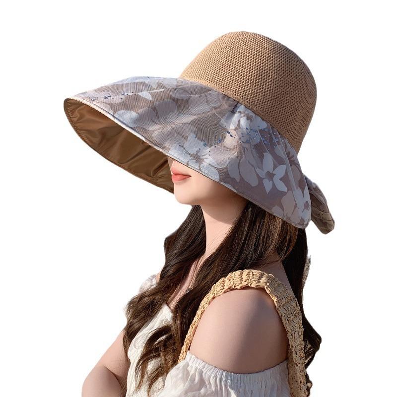 Hat Women's Colored Glue Sun Protection Sun Hat Temperament Bow Lace Yarn Bucket Hat Mesh Breathable Sun Hat