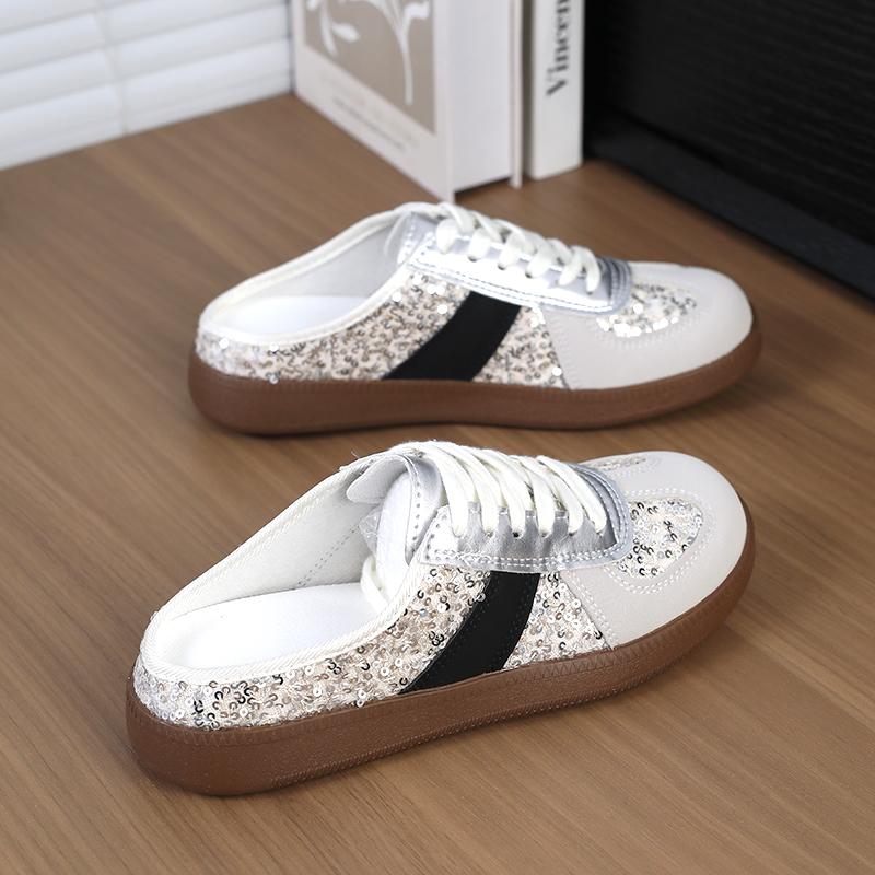 Vintage Closed-Toe Half Slippers for Women, Flat Summer Outdoor Slip-On, Niche Sequin Lazy German Training Sandals