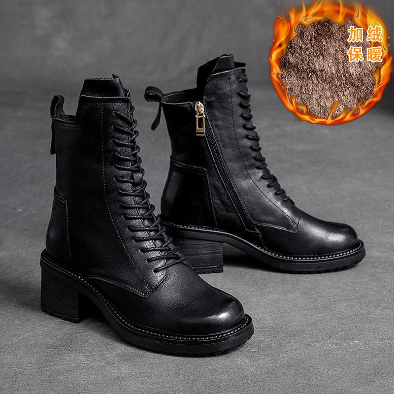 Fashion 2025 Handmade Retro High Heel Boots Women Autumn Winter Full Cow Leather Round Toe Zipper Trend Warm Mid-Calf Boots Female