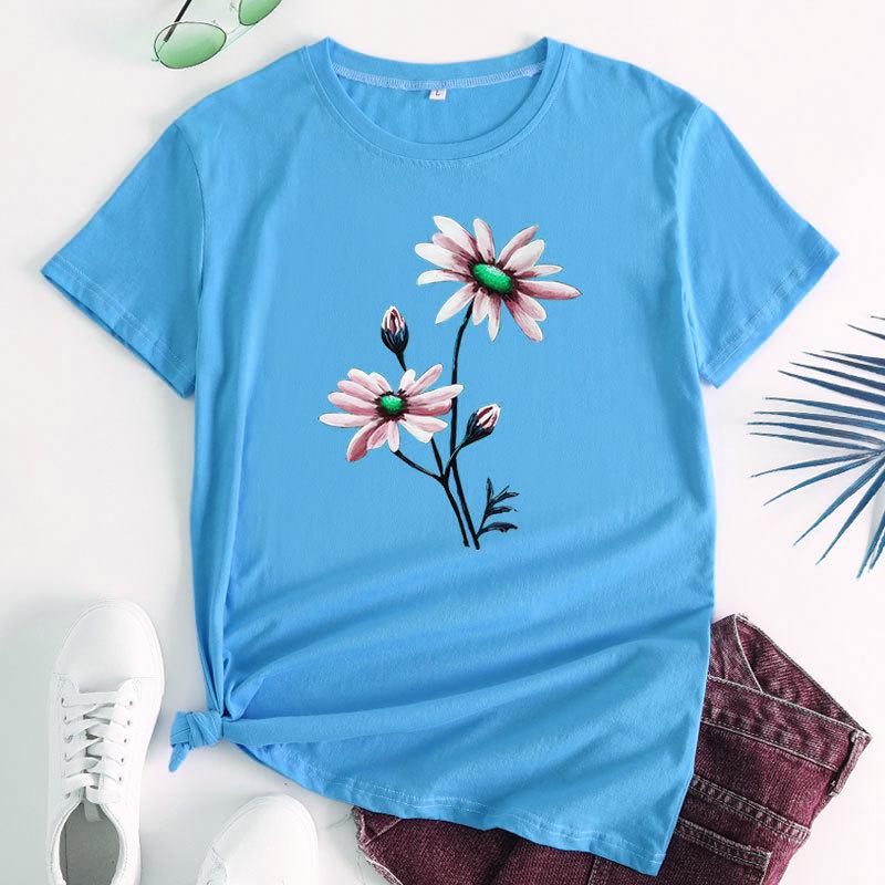 

Летняя женская одежда с цветочным принтом из чистого хлопка, свободные повседневные футболки с круглым вырезом больших размеров с короткими рукавами для женщин S светло-зеленый