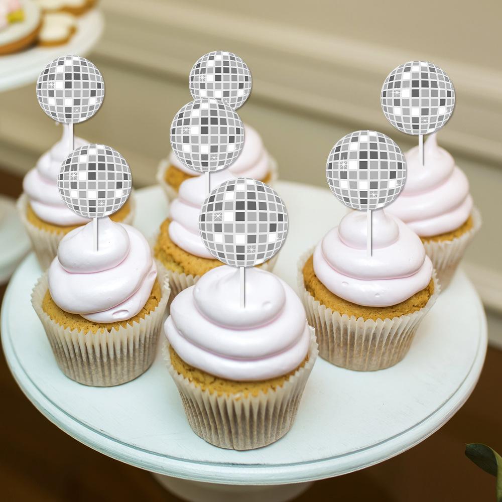12/24pcs Glitter Mirror Disco Ball Cake Toppers 1970s Silver Ball Cake Picks Disco Theme Dance Birthday Bachelorette Party Decor