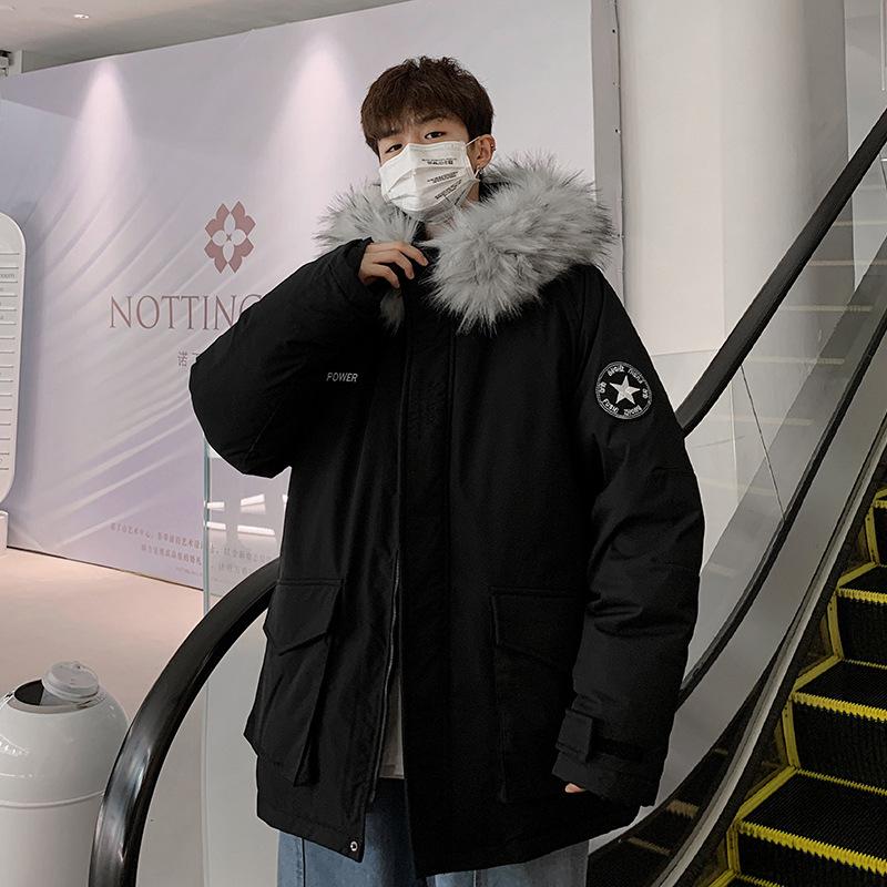 

Мужская и женская зимняя куртка с капюшоном и меховым воротником, утолщенная, теплая, повседневная, свободного кроя, уютная, из высококачественной ткани, пуховик с наполнителем из белого утиного пуха L чёрный
