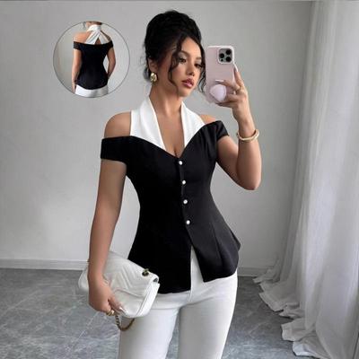 Elegante Camisa Negra y Blanca para Mujer sin Hombros - Estilo Europeo y Americano, Corte Ajustado, Ropa Casual de Oficina