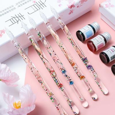 Signature Pen Dried Flower Design Strong Ink Absorption Lightweight Vintage Glass Pen Set Birthday Gift