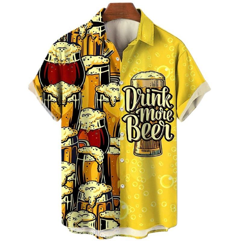 Hawaiianische Strand-Harajuku-Hemden für Herren 3D-Druck Bier Kurzarm-T-Shirts Sommerurlaubsstil Einreihige Oberteile Revers