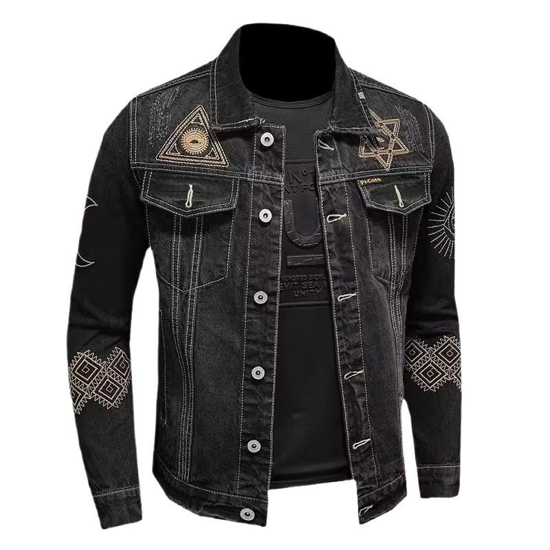 Men's Retro Embroidered Denim Jacket – European & American Style, Autumn/Winter Casual Loose Lapel Workwear.