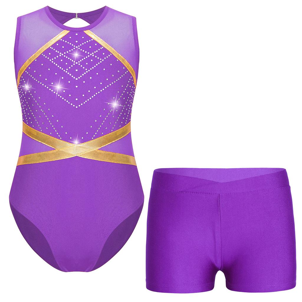 Girls Glittery Rhinestones Gymnastics Outfit V Front Waistband Shorts Keyhole Back Sleeveless Bodysuit Figure Skating Dance