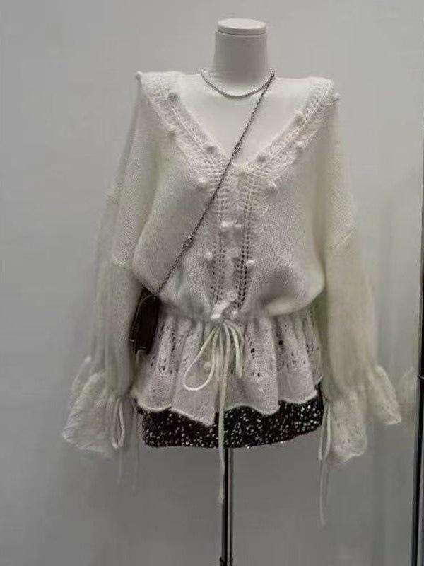 Korean Openwork Crochet Pompom V-Neck Knit Cardigan: Early Autumn Loose Drawstring Sweater