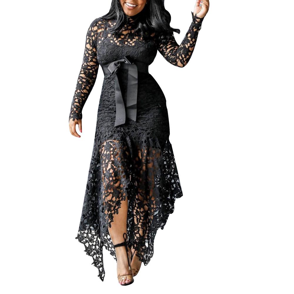 TS Women Long Sleeve Bow Belted Irregular Hem Hollow Lace Bodycon Long Dress