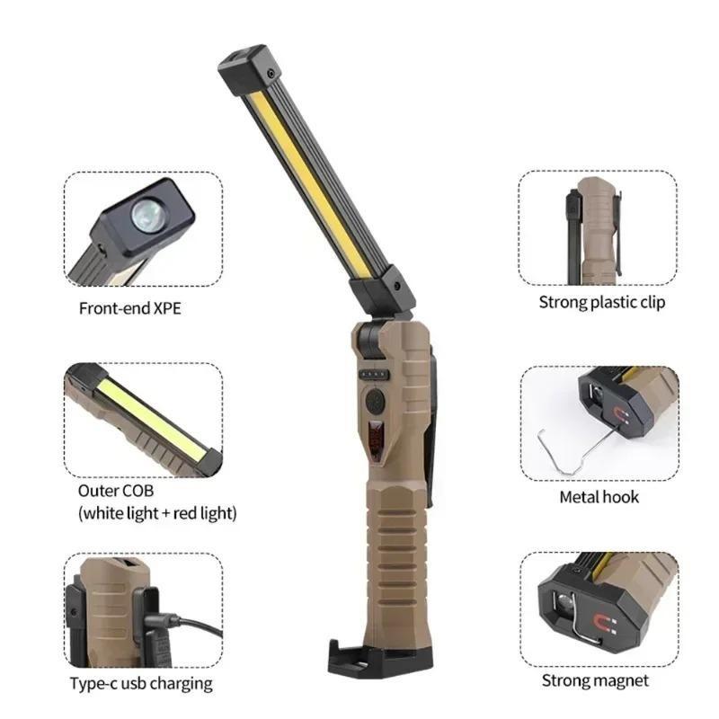 Multifunctional Folding Work Light Portable Camping Type-C Rechargeable Flashlight Built-in Battery Magnetic Lamp for Outdoor Repair Emergency Use