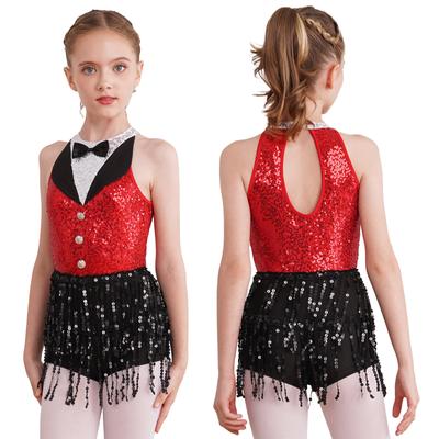 Abito da ballo con paillettes da ragazza senza maniche con foro sulla schiena, shorts da ragazzo, paillettes con frange, body intero per esibizioni di latino e jazz