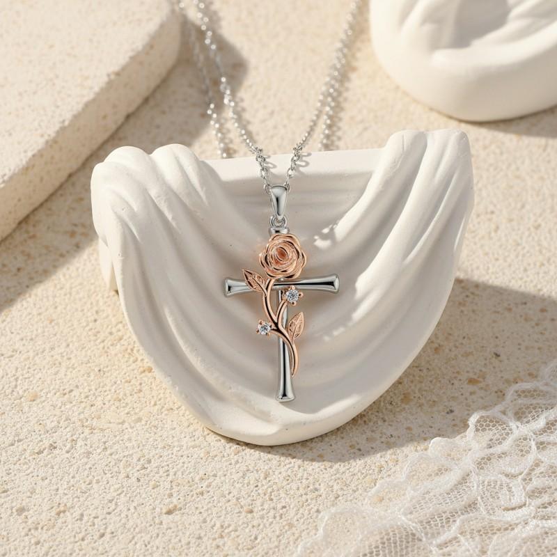 Elegant Rose Cross Pendant Necklace Women Lightweight Copper Jewelry With Gold Plating Daily Wear Fashion Accessory