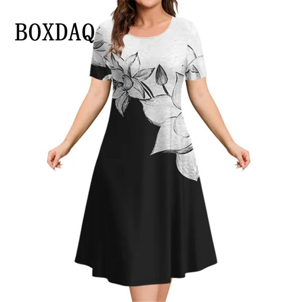 Flower Print Women Dress For Vintage New Short Sleeve O-Neck Mini Dress Summer Pullover Loose Casual Retro Loose Plus Size Dress