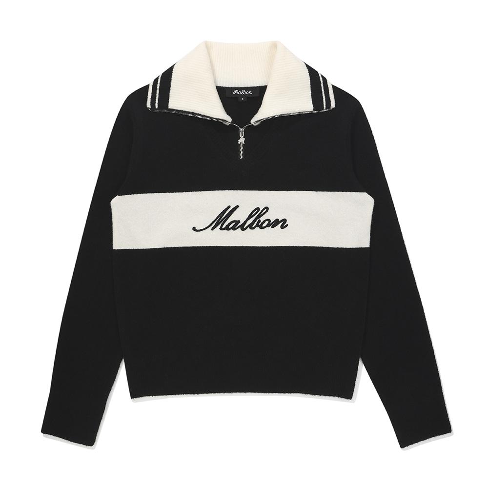 MALBON GOLF Women'S Layered Zip-Up Collared Knit Top Black (Woman)