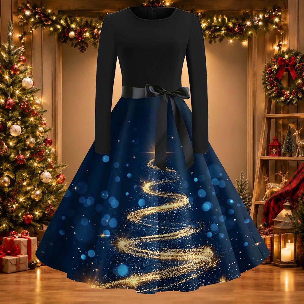 Women's Casual Vintage Christmas Print Neck Dress