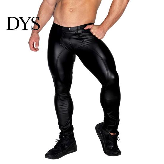 Trousers Mid-rise Elastic Waistband U Convex Zipper Open Crotch Men Pencil Pants Sexy Skinny Faux Leather Stage Performance