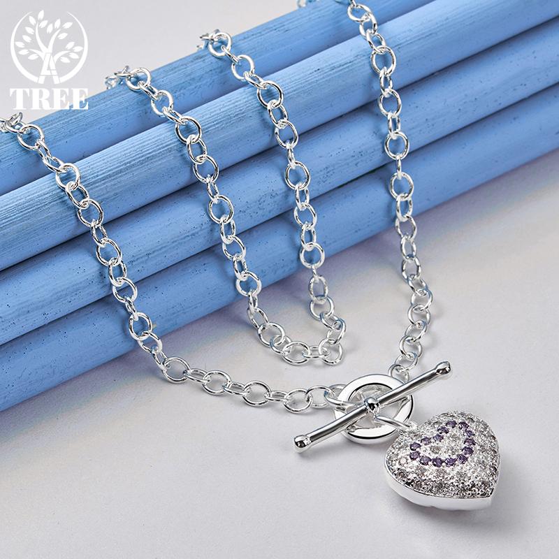 925 Sterling Silver Purple AAA Zircon TO Lant Heart Pendant Collier Bijuterii