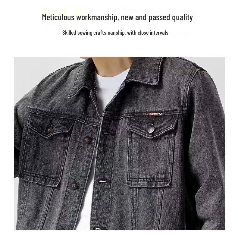 Men's Smoke Grey Denim Jacket: Trendy Lapel Workwear for Spring and Autumn – Casual, Handsome, Plus Size.