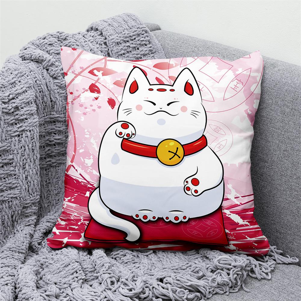 Lucky Cat Japanese Style Sofa Bed Decorative Pillow Cover Home Decor Mount Fuji  Art Cushion
