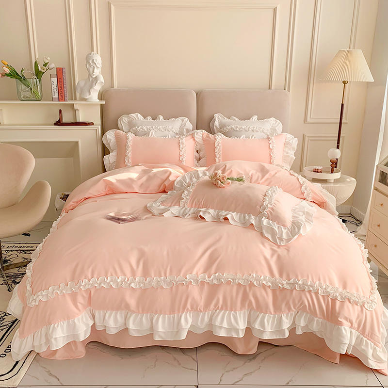 Korean Princess Lolita Bed 4-Piece Set Solid Washed Cotton Breathable Bed Sheet Duvet Cover Bedding Set with Lace