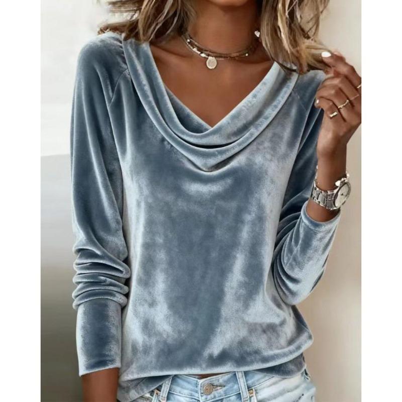 Women's Solid Color Velvet Long Sleeve T-shirt, Sexy Cowl Neck Casual Top