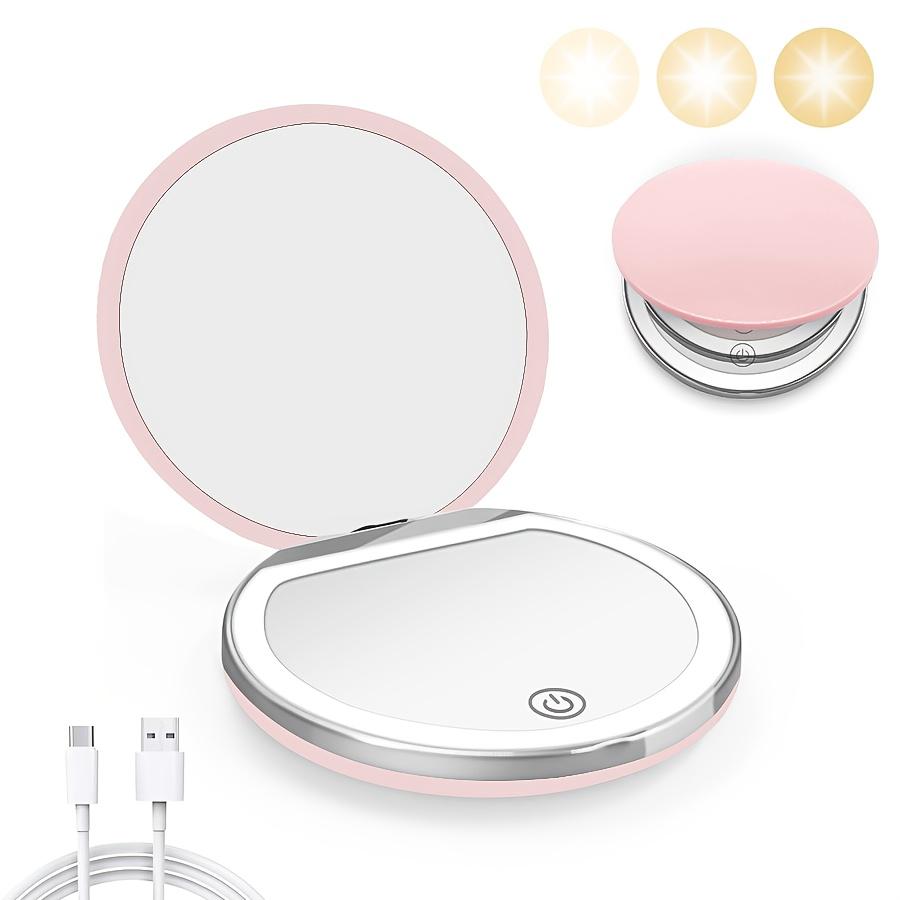 LED Cosmetic Mirror with Light, Portable Mini Pocket Size, USB Rechargeable, Touch Control Light Supplement