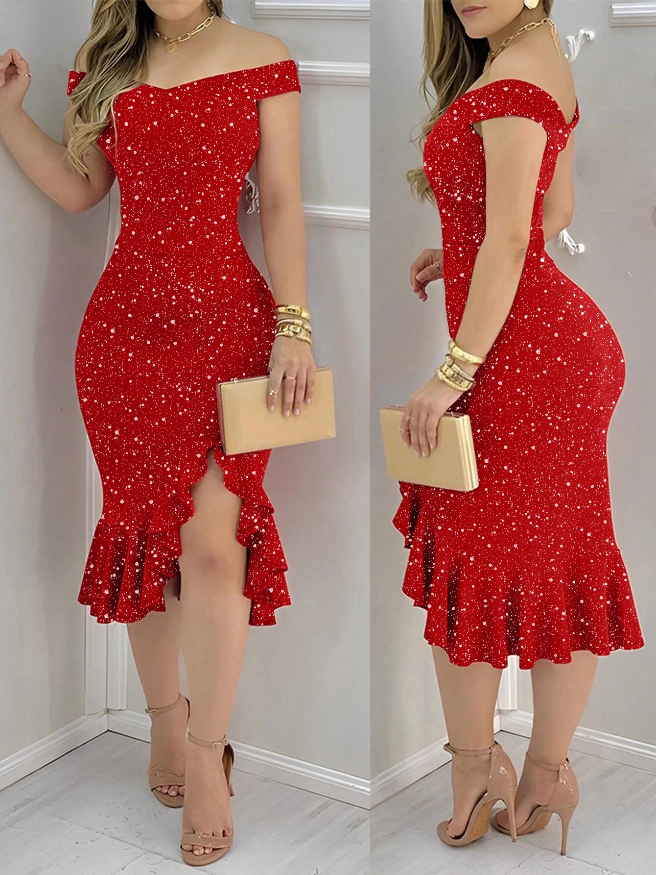 Европейское трансграничное женское весенне-летнее облегающее платье с воланами на одно плечо 2025 Large красный