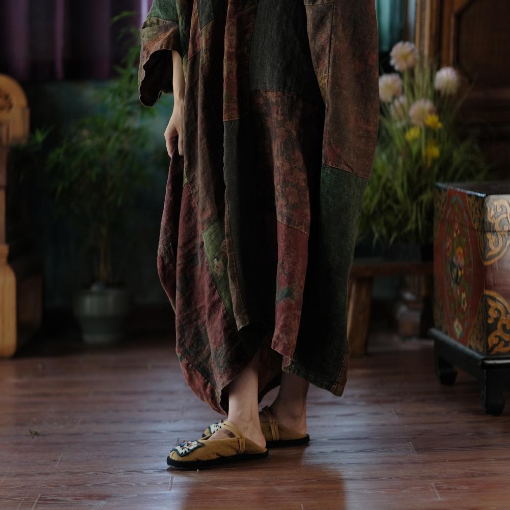 Johnature Dámské vintage šaty patchwork netopýří rukáv podzim V-výstřih volné čínský styl dámské šaty