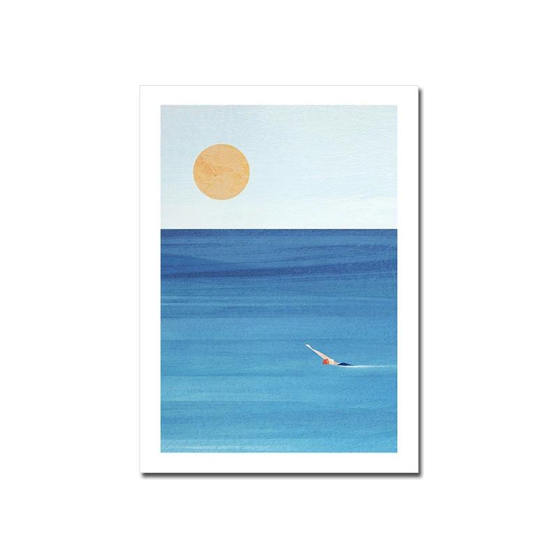 Summer Sea Swim Poster Open-Water Pool Canvas Painting Abstract Diving Whale Art Print Minimalist Wall Picture Living Room Decor
